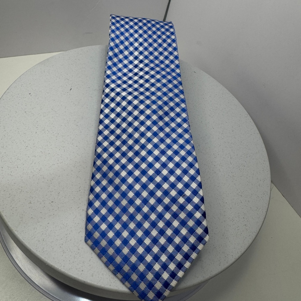 Michael Kors Checkered Silk Neck Tie‎ Blue Beige Geometric Pattern